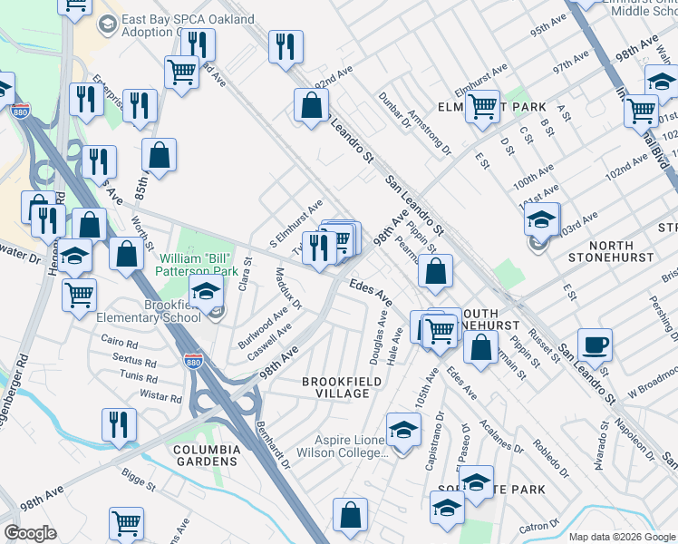 map of restaurants, bars, coffee shops, grocery stores, and more near 655 98th Avenue in Oakland
