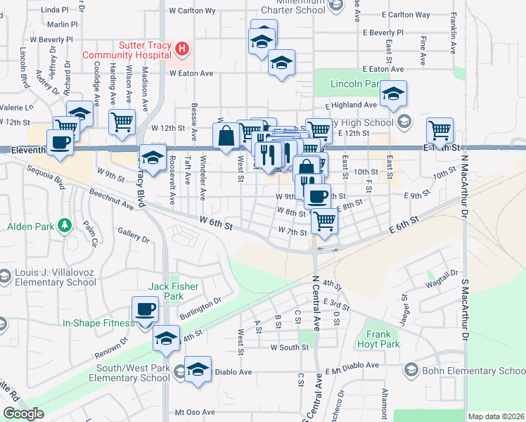 map of restaurants, bars, coffee shops, grocery stores, and more near 124 West 8th Street in Tracy