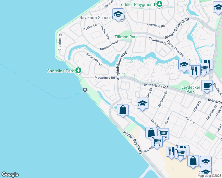 map of restaurants, bars, coffee shops, grocery stores, and more near 57 Britt Court in Alameda