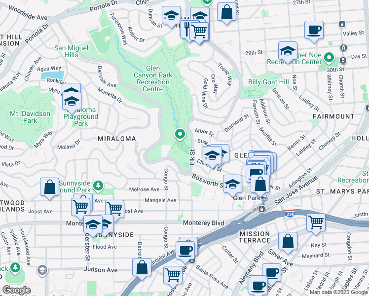 map of restaurants, bars, coffee shops, grocery stores, and more near 70 Elk Street in San Francisco