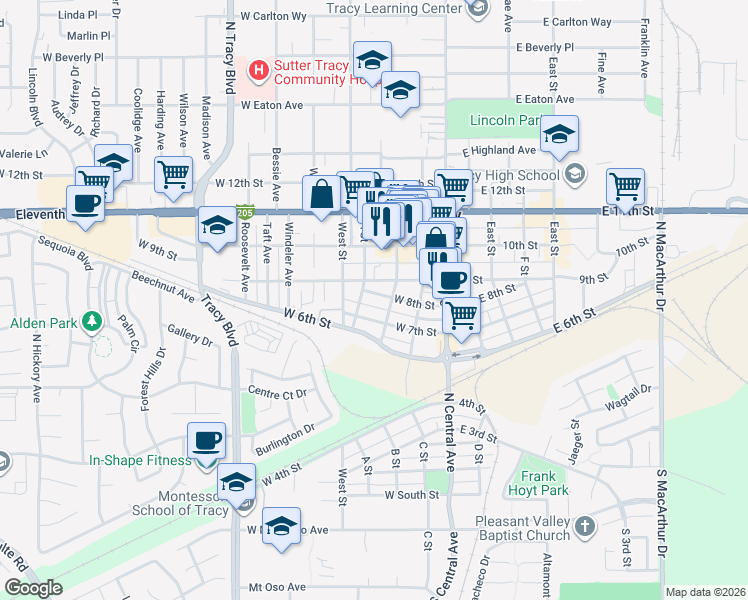 map of restaurants, bars, coffee shops, grocery stores, and more near 124 West 8th Street in Tracy