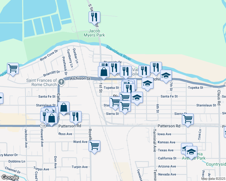 map of restaurants, bars, coffee shops, grocery stores, and more near 3142 Topeka Street in Riverbank