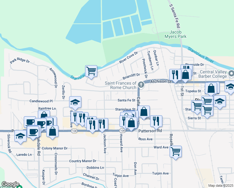 map of restaurants, bars, coffee shops, grocery stores, and more near 2654 Topeka St in Riverbank