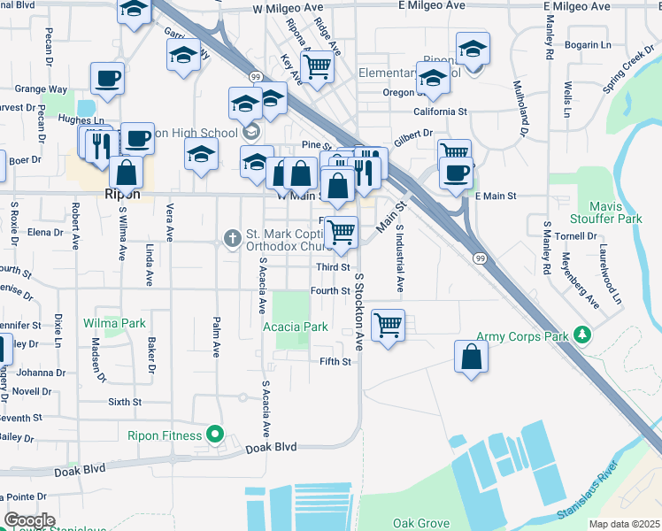 map of restaurants, bars, coffee shops, grocery stores, and more near 139 3rd Street in Ripon