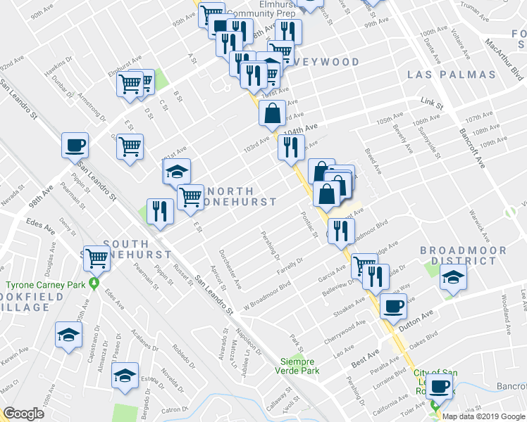 map of restaurants, bars, coffee shops, grocery stores, and more near 1250 106th Avenue in Oakland