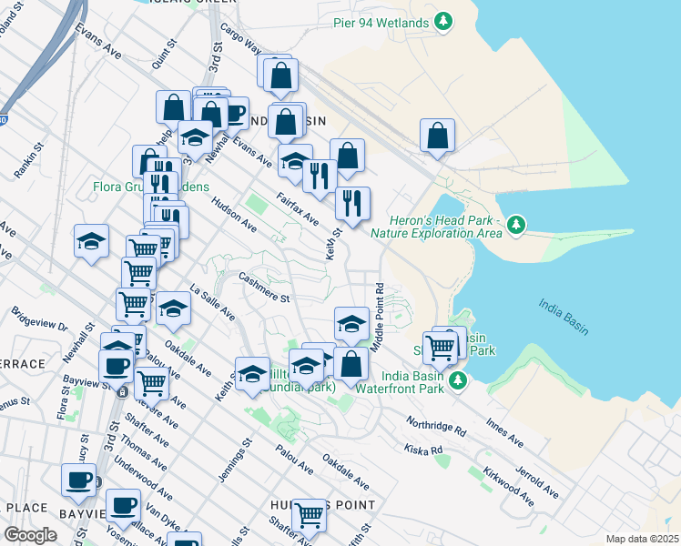 map of restaurants, bars, coffee shops, grocery stores, and more near 603 Keith Street in San Francisco