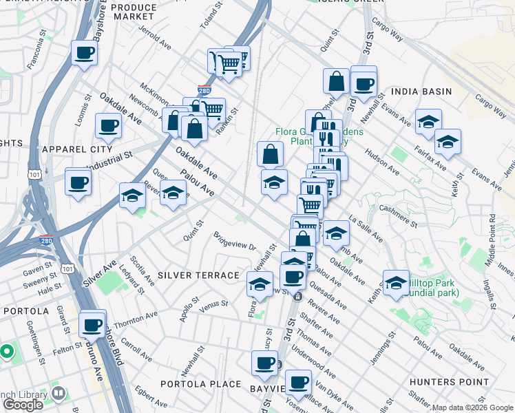 map of restaurants, bars, coffee shops, grocery stores, and more near 1800 Oakdale Avenue in San Francisco