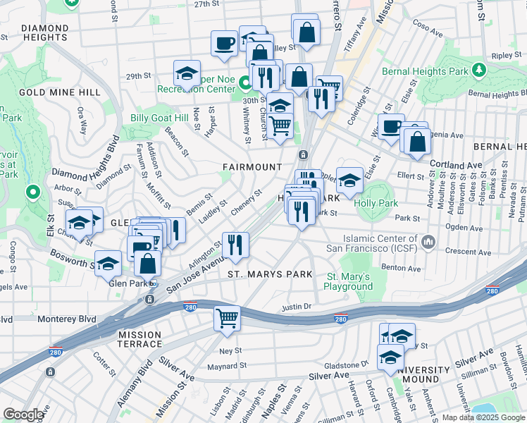 map of restaurants, bars, coffee shops, grocery stores, and more near 286 Arlington Street in San Francisco