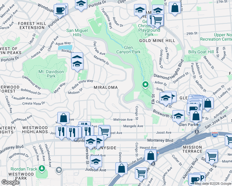 map of restaurants, bars, coffee shops, grocery stores, and more near 33 Valletta Court in San Francisco