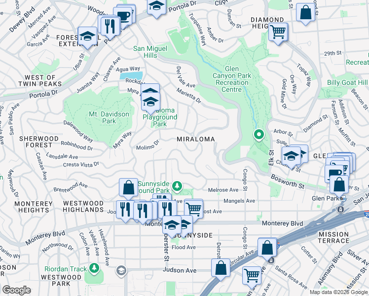 map of restaurants, bars, coffee shops, grocery stores, and more near 101 Molimo Drive in San Francisco