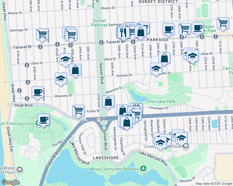map of restaurants, bars, coffee shops, grocery stores, and more near 2711 34th Avenue in San Francisco