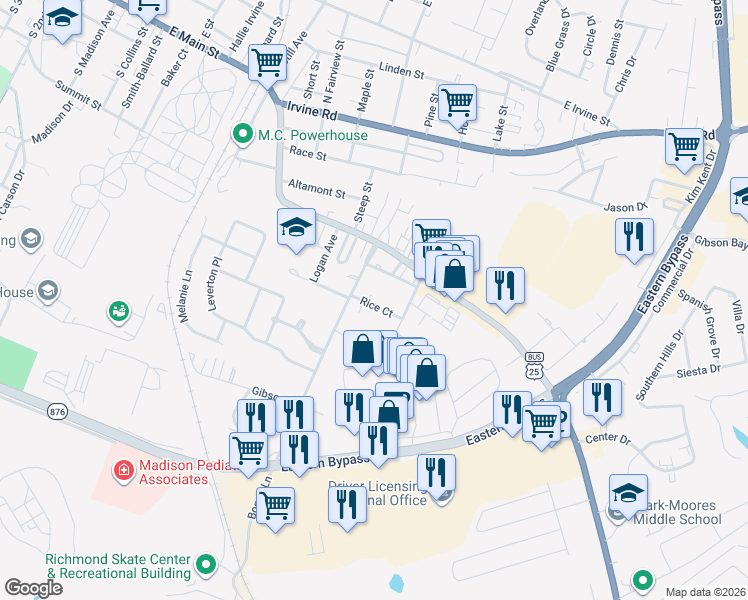 map of restaurants, bars, coffee shops, grocery stores, and more near 102 Rice Court in Richmond