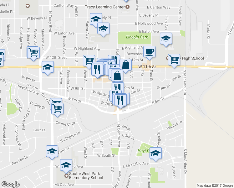 map of restaurants, bars, coffee shops, grocery stores, and more near 809 North Central Avenue in Tracy
