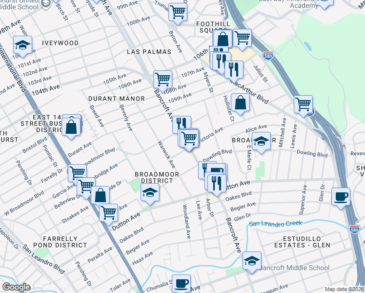 map of restaurants, bars, coffee shops, grocery stores, and more near 594 Victoria Court in San Leandro