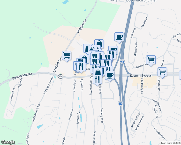 map of restaurants, bars, coffee shops, grocery stores, and more near 1110 Barnes Mill Road in Richmond