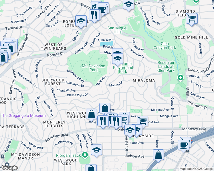 map of restaurants, bars, coffee shops, grocery stores, and more near Molimo Dr & Bella Vista Way in San Francisco