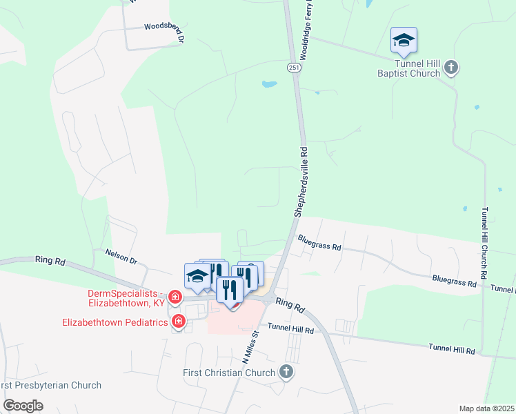 map of restaurants, bars, coffee shops, grocery stores, and more near 298 Emerald Way in Elizabethtown