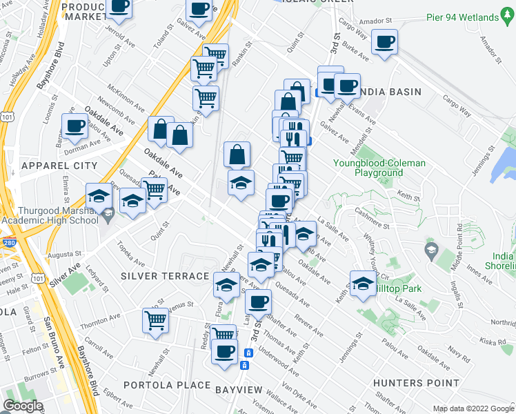 map of restaurants, bars, coffee shops, grocery stores, and more near 1722 Newcomb Avenue in San Francisco
