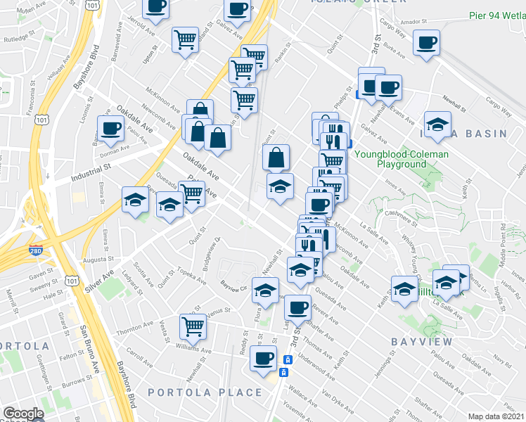 map of restaurants, bars, coffee shops, grocery stores, and more near Oakdale Ave & Phelps St in San Francisco