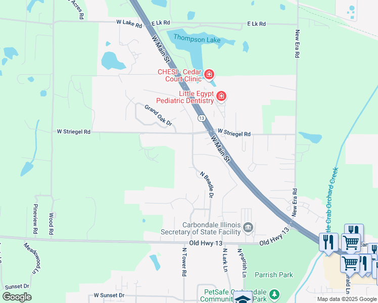 map of restaurants, bars, coffee shops, grocery stores, and more near 900 North Beadle Drive in Carbondale