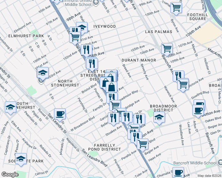 map of restaurants, bars, coffee shops, grocery stores, and more near 10970 International Boulevard in Oakland