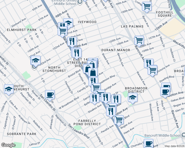 map of restaurants, bars, coffee shops, grocery stores, and more near 10970 International Boulevard in Oakland
