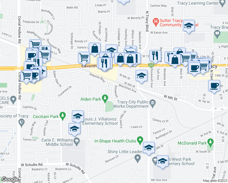 map of restaurants, bars, coffee shops, grocery stores, and more near 840 Palm Circle in Tracy