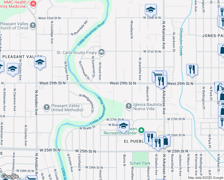 map of restaurants, bars, coffee shops, grocery stores, and more near 2957 Salina Court in Wichita