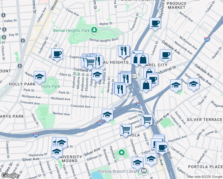 map of restaurants, bars, coffee shops, grocery stores, and more near 945 Tompkins Avenue in San Francisco