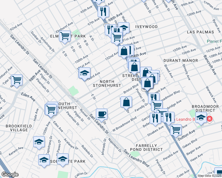 map of restaurants, bars, coffee shops, grocery stores, and more near 1218 106th Avenue in Oakland