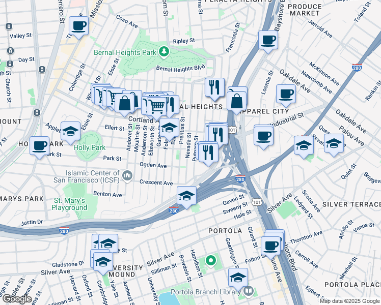 map of restaurants, bars, coffee shops, grocery stores, and more near 493 Prentiss Street in San Francisco