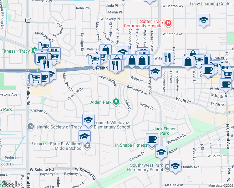 map of restaurants, bars, coffee shops, grocery stores, and more near 850 Sequoia Boulevard in Tracy