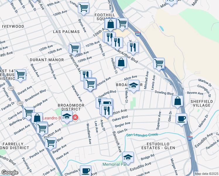 map of restaurants, bars, coffee shops, grocery stores, and more near 464 Kenilworth Avenue in San Leandro