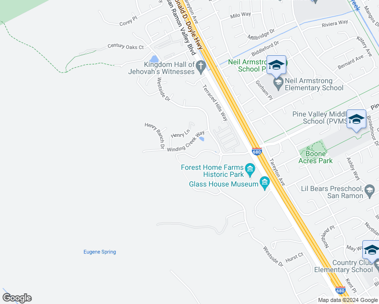 map of restaurants, bars, coffee shops, grocery stores, and more near 20 Pine Valley Place in San Ramon
