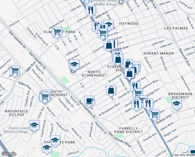 map of restaurants, bars, coffee shops, grocery stores, and more near 1218 106th Avenue in Oakland