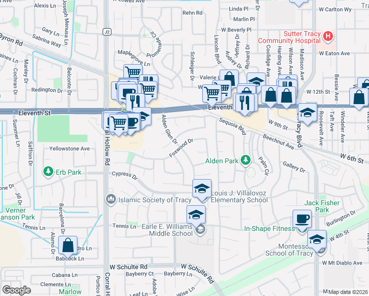 map of restaurants, bars, coffee shops, grocery stores, and more near 1648 Foxwood Drive in Tracy
