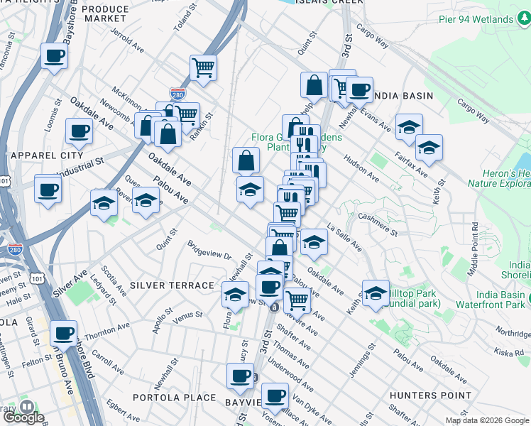map of restaurants, bars, coffee shops, grocery stores, and more near 1750 Newcomb Avenue in San Francisco