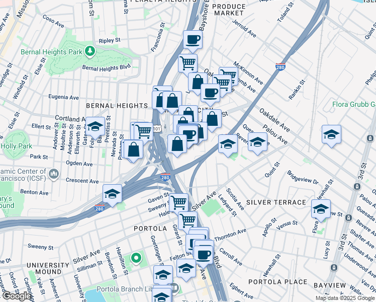 map of restaurants, bars, coffee shops, grocery stores, and more near 2 Boutwell Street in San Francisco