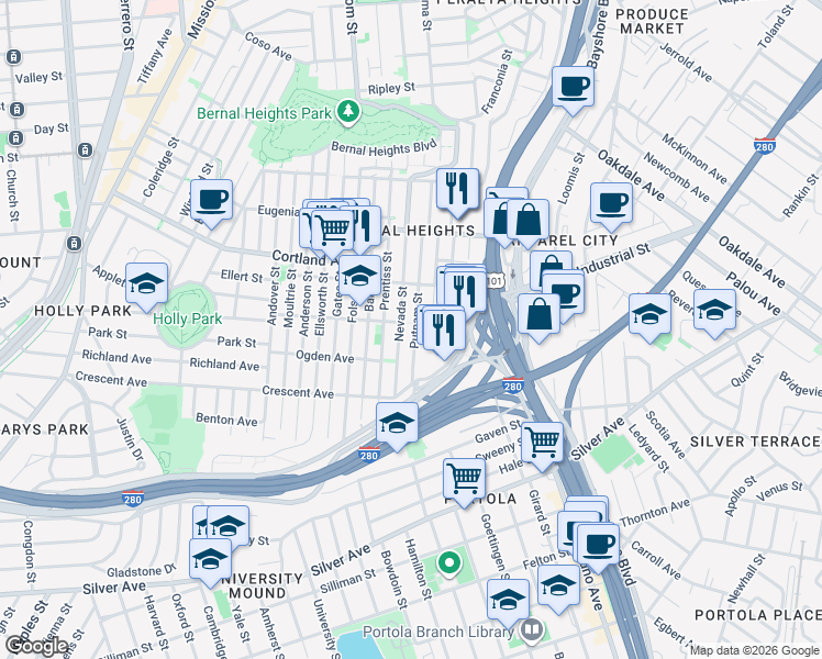 map of restaurants, bars, coffee shops, grocery stores, and more near 945 Tompkins Avenue in San Francisco