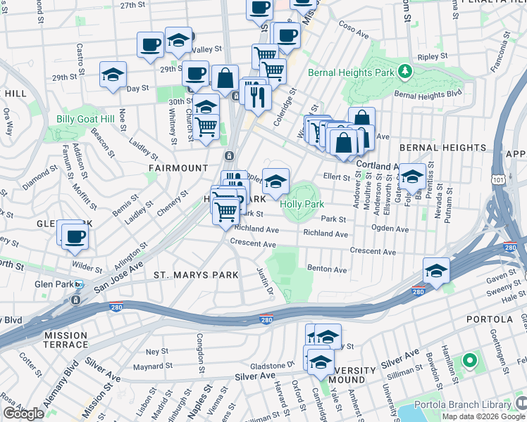 map of restaurants, bars, coffee shops, grocery stores, and more near 146 Highland Avenue in San Francisco