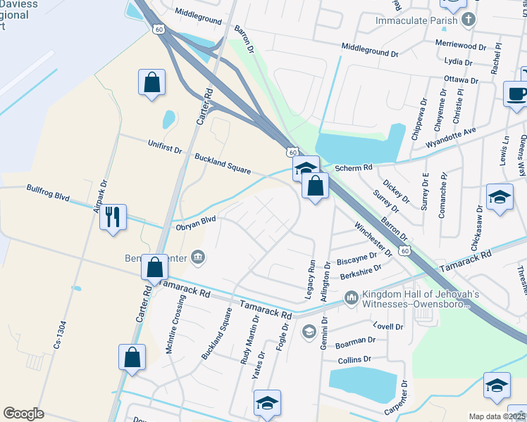 map of restaurants, bars, coffee shops, grocery stores, and more near 3420 Legacy Run in Owensboro