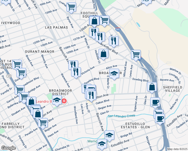 map of restaurants, bars, coffee shops, grocery stores, and more near 464 Kenilworth Avenue in San Leandro