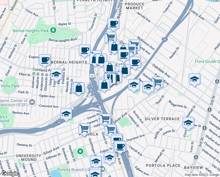 map of restaurants, bars, coffee shops, grocery stores, and more near 2 Boutwell Street in San Francisco