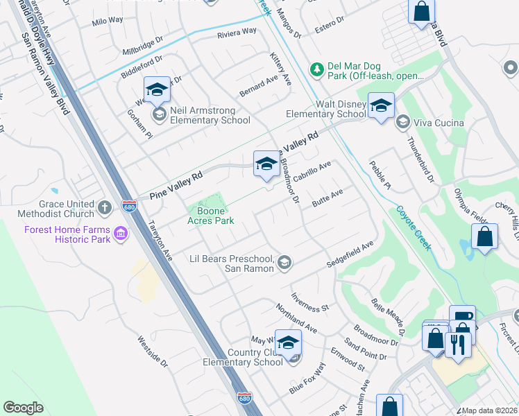 map of restaurants, bars, coffee shops, grocery stores, and more near 2959 Cheyenne Avenue in San Ramon