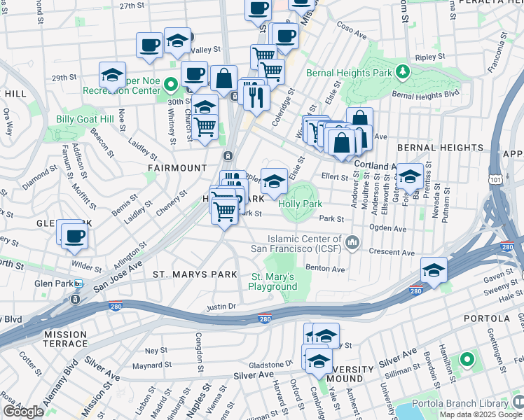 map of restaurants, bars, coffee shops, grocery stores, and more near 146 Highland Avenue in San Francisco