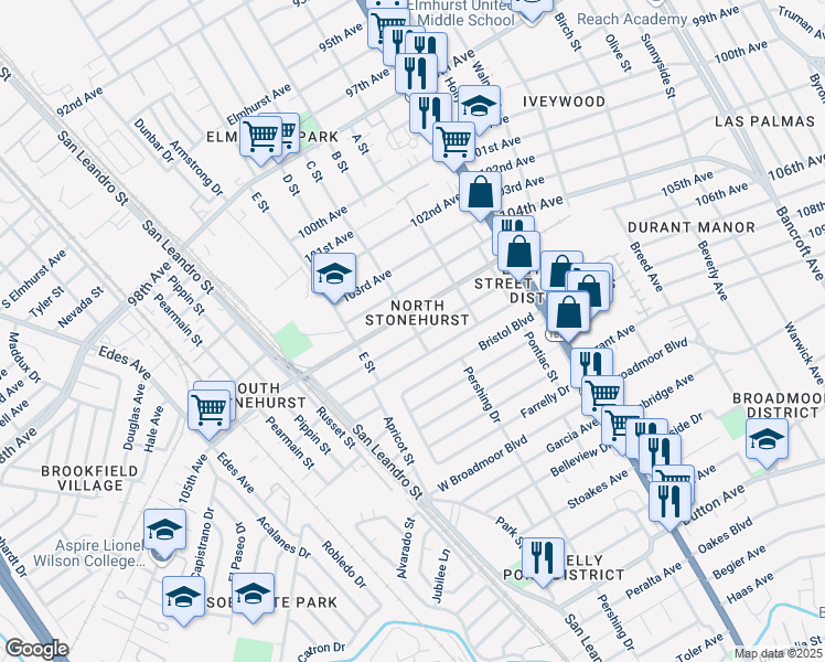 map of restaurants, bars, coffee shops, grocery stores, and more near 1097 106th Avenue in Oakland