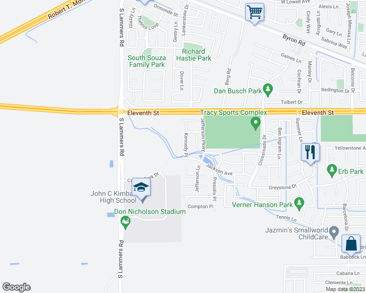 map of restaurants, bars, coffee shops, grocery stores, and more near 851 Kennedy Place in Tracy