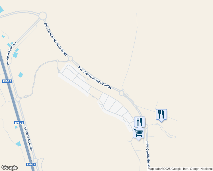 map of restaurants, bars, coffee shops, grocery stores, and more near Bulevar Central de las Cañadas in Murcia
