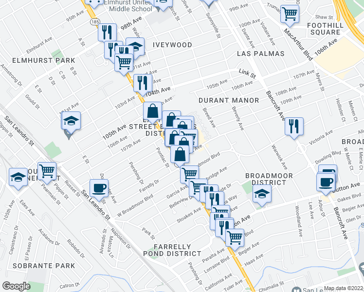 map of restaurants, bars, coffee shops, grocery stores, and more near 10950 International Boulevard in Oakland