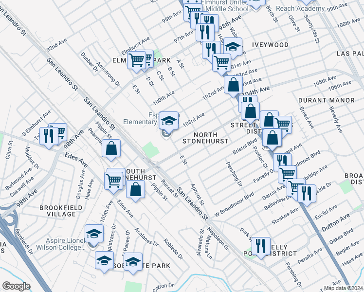 map of restaurants, bars, coffee shops, grocery stores, and more near 1021 105th Avenue in Oakland